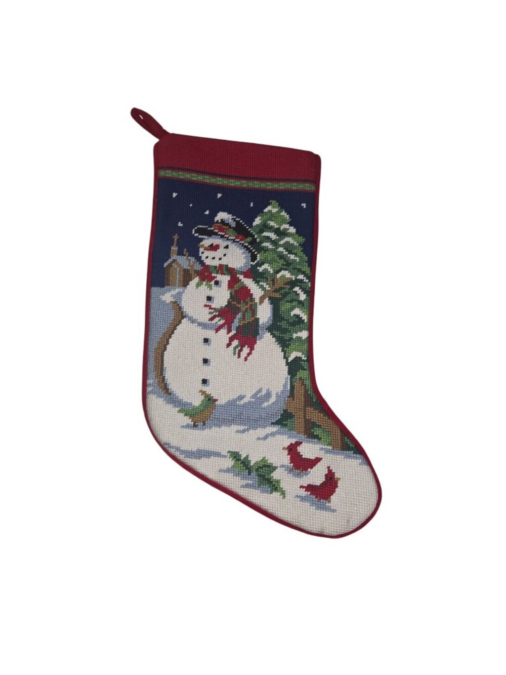 Warm + Cozy 20"x10" Snowman Needlepoint Christmas Stocking Red Velvet Back